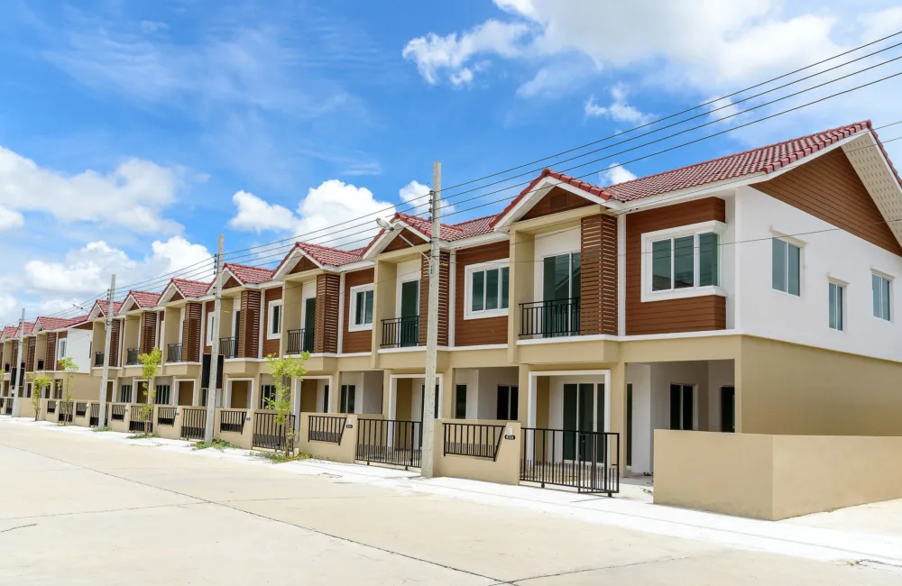 Row of just finished new brown townhouses