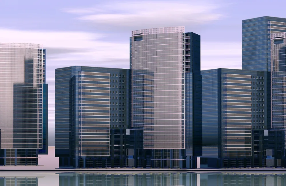 Cityscape of modern skyscrapers against the sky