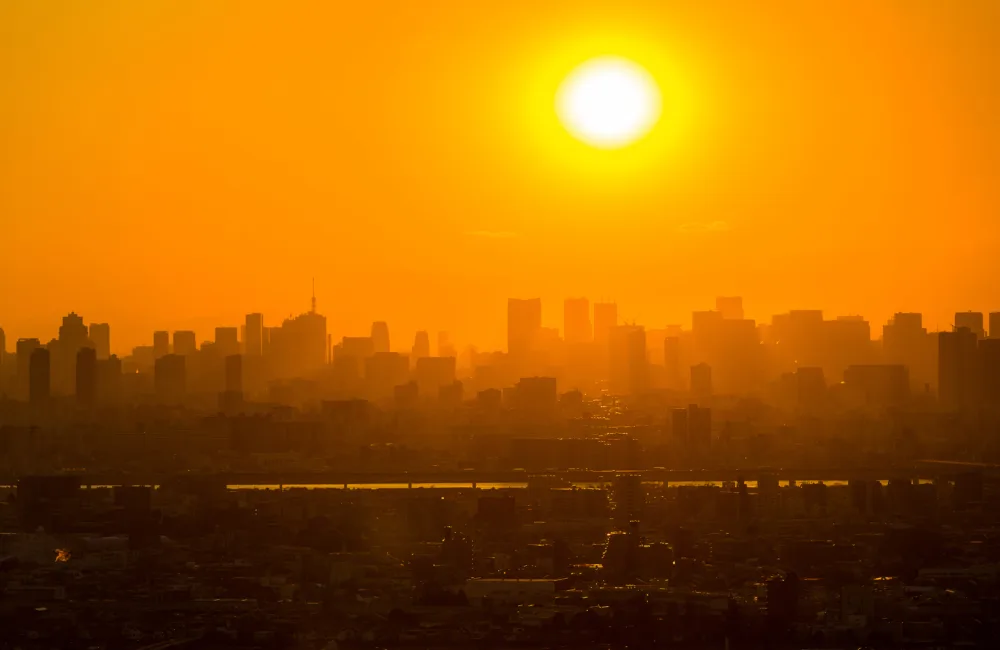 A city skyline at sunset.