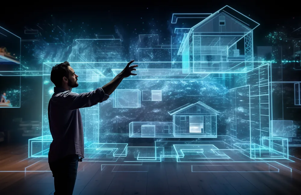 A man building a full scale digital house made of pixels and holograms