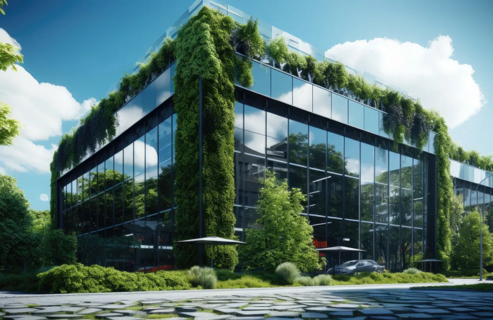 Modern data centre building with lush greenery in the surrounding