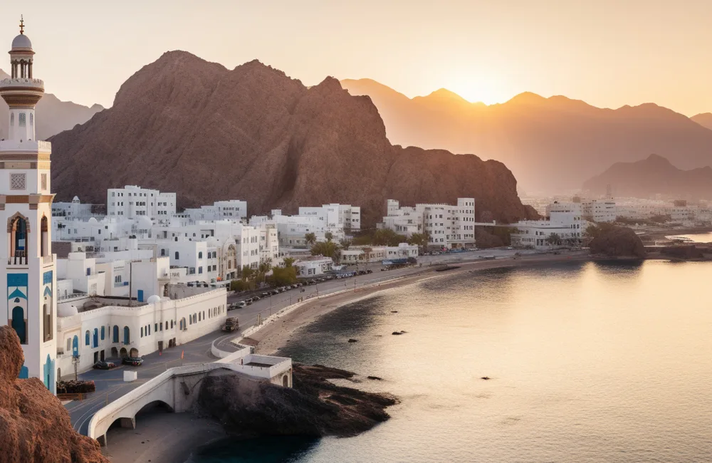 A breathtaking view of Muscat, the capital city of Oman, nestled between rugged mountains and the sea