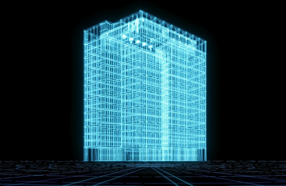 3d wireframe light blue model of generic square office building against a black background