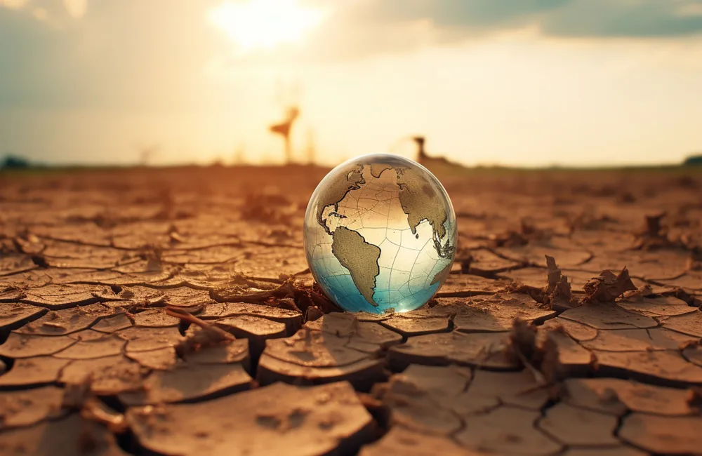 Fragile planet over dry cracked agricultural field due to global warming
