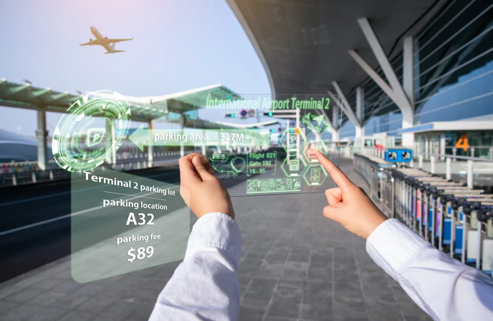 A woman receiving information using AR equipment at the airport (a hologram is displayed using a transparent acrylic plate)
