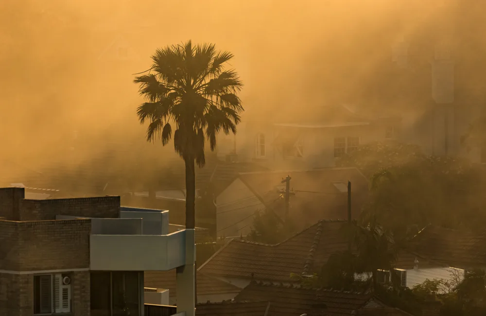 Sunlight through thick brown smoke from bush fires shrouding suburban houses and homes in Sydney, Australia.