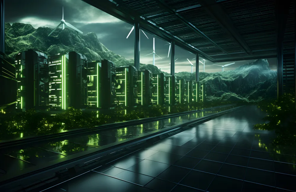 A row of tower servers in a data center with a outdoor view of mountains and wind turbines.