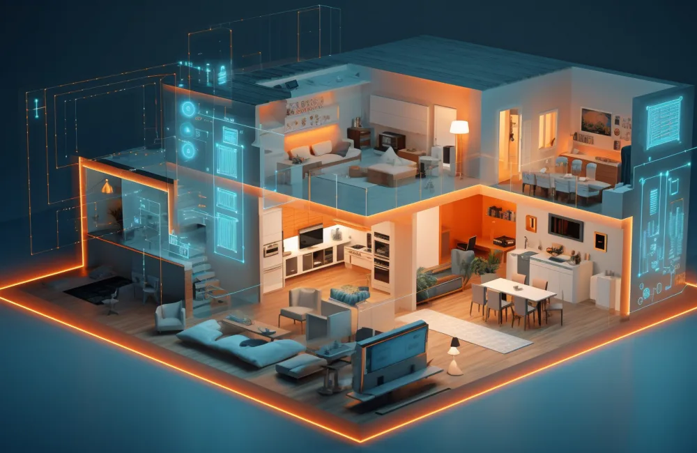 An x-ray visualization of a home showing the digital infrastructure that connect everything making it smart