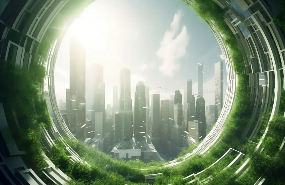 Futuristic cityscape surrounded by abstract circular greenery
