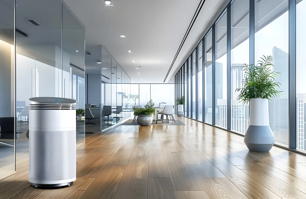 White air purifier in a modern office