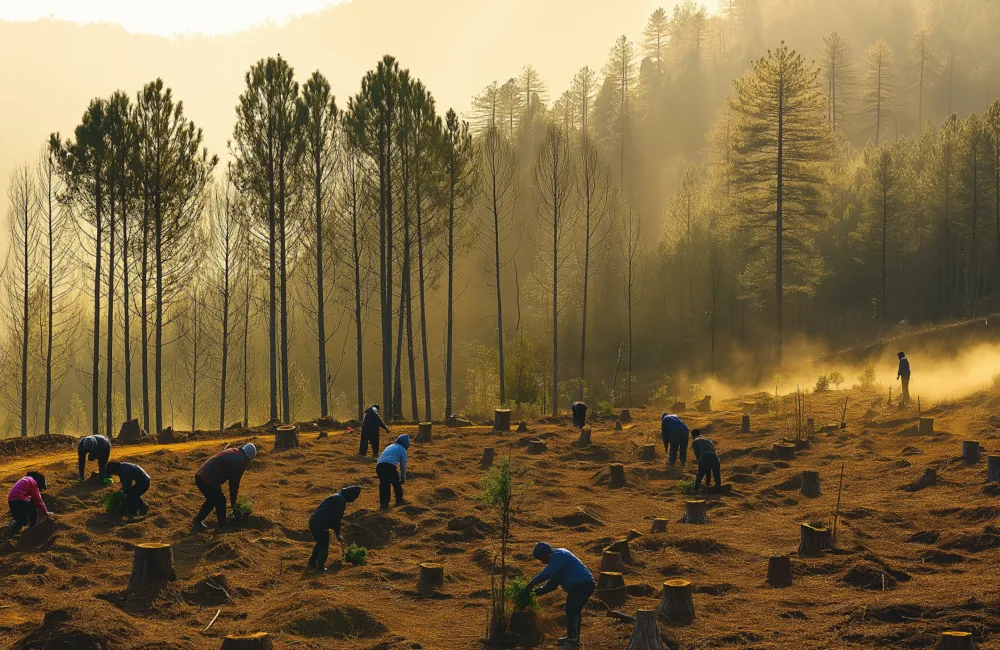 AI generated image of a mountain heavily devastated by illegal logging with people doing a tree planting activity to restore the affected area.