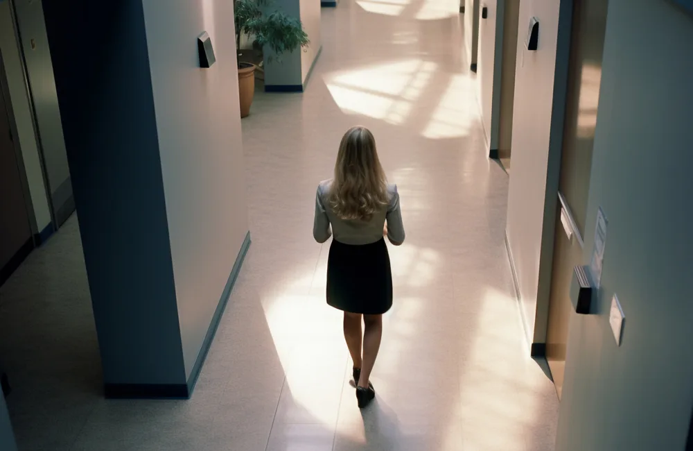 aerial shot of women walking through deserted office