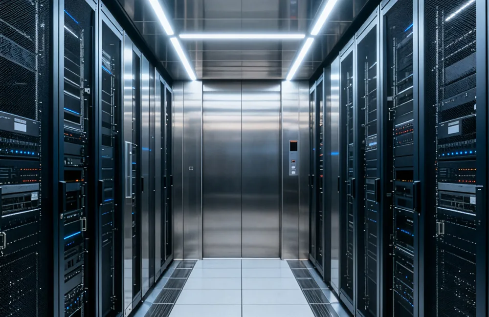 A narrow server room with rows of tall, black server racks on both sides, illuminated by overhead LED lights, facing a closed stainless‑steel elevator door at the far end.