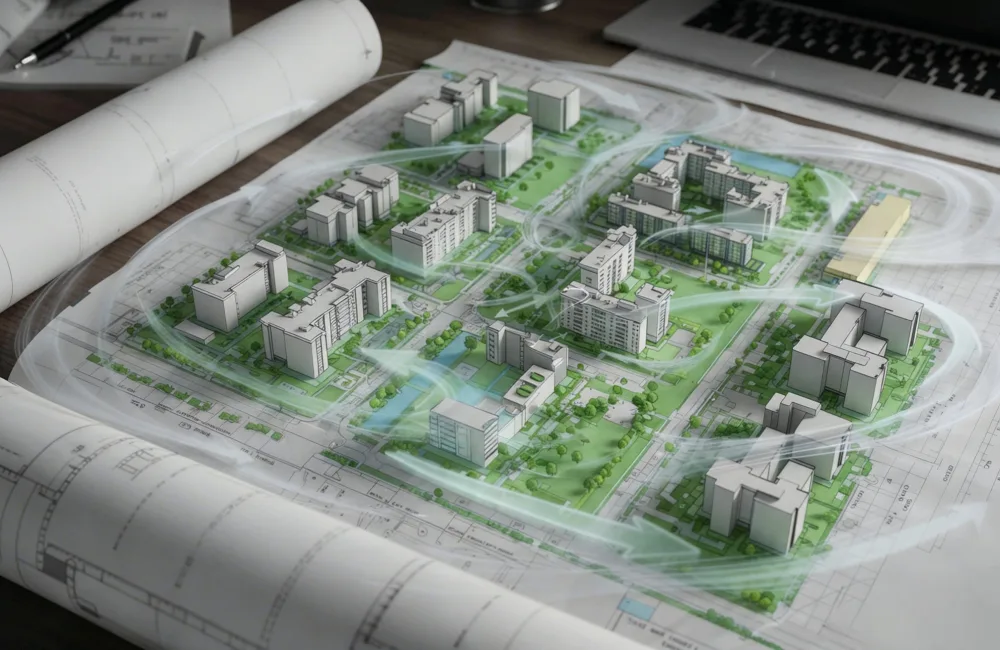 A detailed architectural plan shows a 3D model of a neighbourhood with multiple buildings, roads, and green spaces. Light, translucent airflow lines sweep across the layout. Rolled‑up blueprints and a laptop are visible nearby.