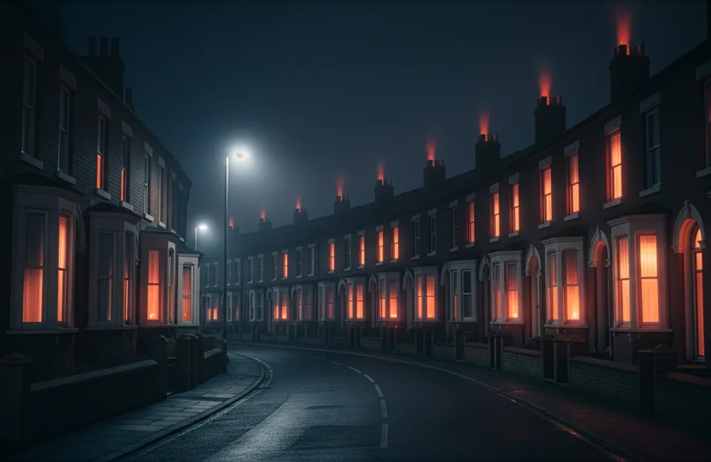Night-time view of a curved residential street with rows of brick terraced houses. Many windows glow orange, chimneys emit red-lit smoke, and streetlights illuminate an empty, damp road under a dark sky.