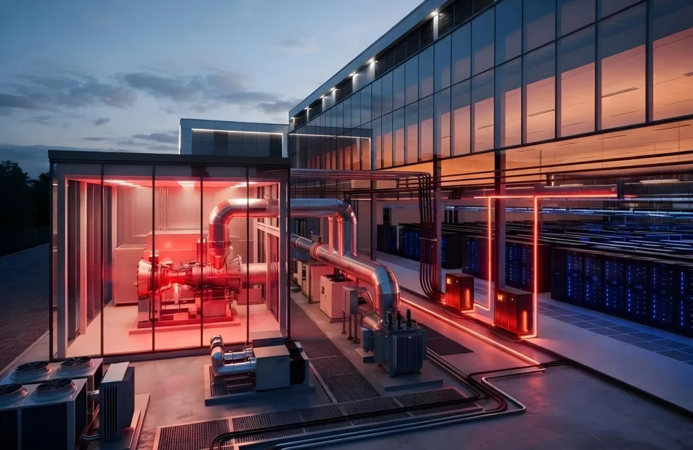 Data centre building with visible server racks, pipework and enclosed mechanical equipment connected by illuminated red infrastructure lines.