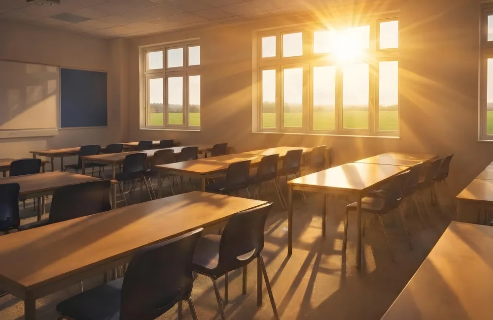 Classroom with rows of desks and chairs, a wall-mounted whiteboard, and strong sunlight entering through large windows.Classroom with rows of desks and chairs, a wall-mounted whiteboard, and strong sunlight entering through large windows.