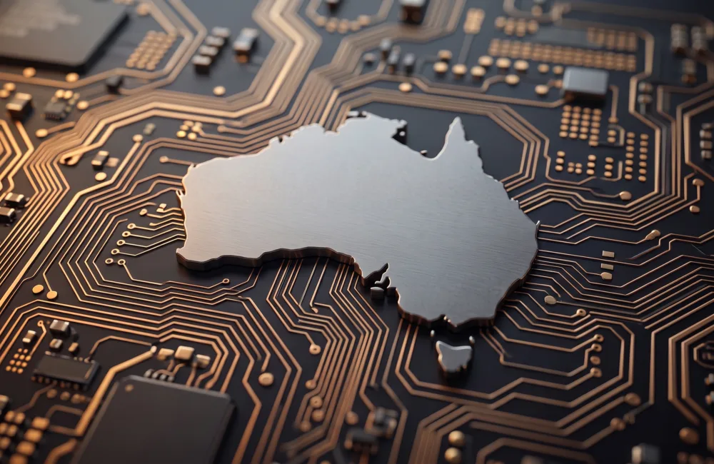 Map of Australia depicted as a metallic cut-out on a circuit board with electronic components and printed circuit traces.