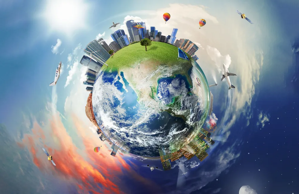 Stylised view of earth surrounded by orbiting objects such as planes and hot air balloons