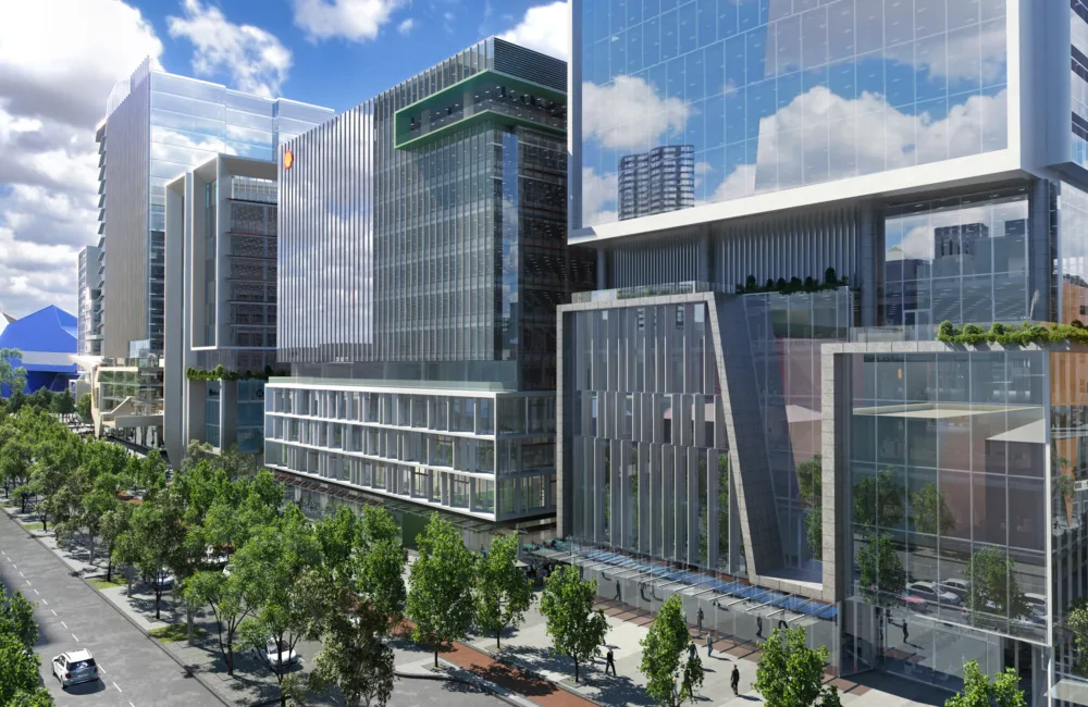 Exterior view of King's Square, Perth, a series of 3 adjacent office buildings with large glass windows