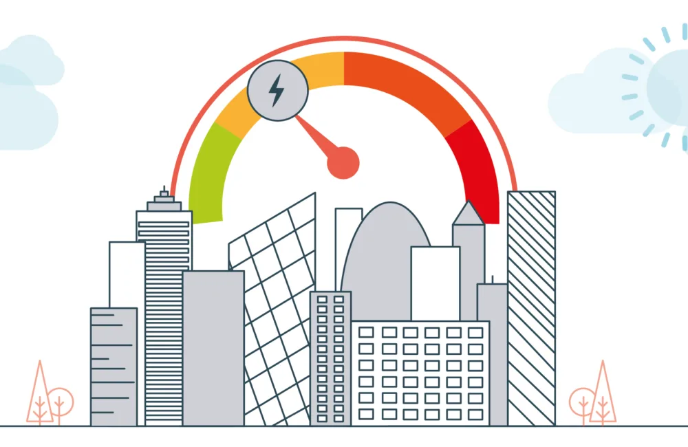 illustrated city buildings with a green to red measurement wheel