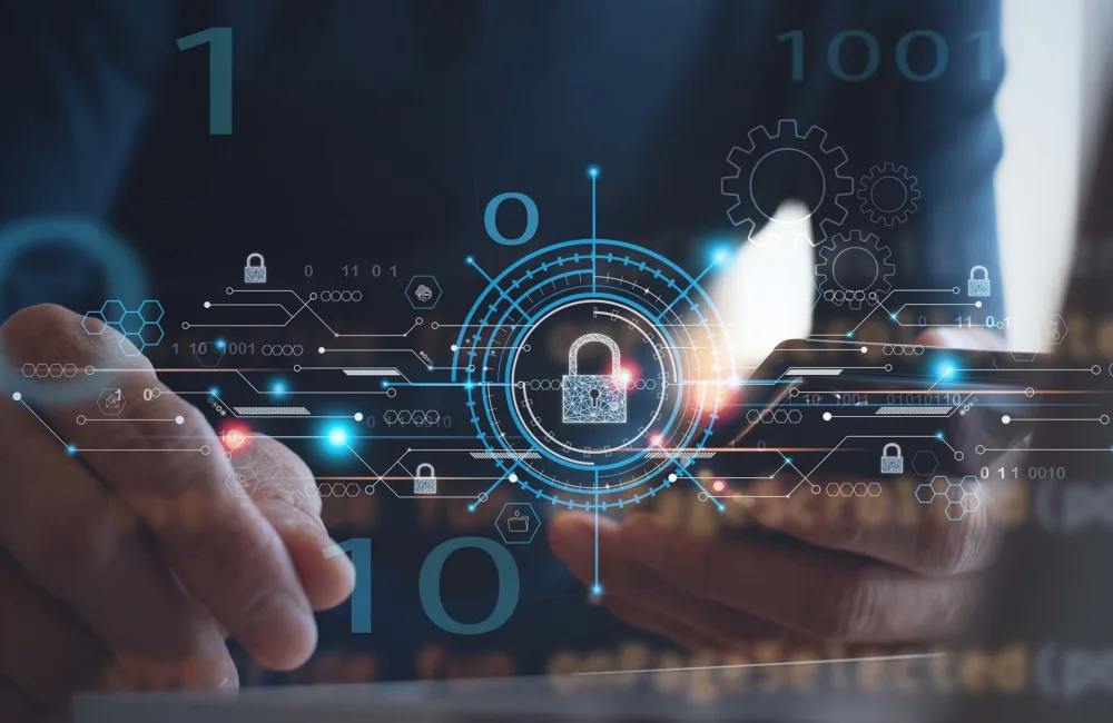 close up of hands holding a mobile phone with a digital image overlaid of padlocks and numbers