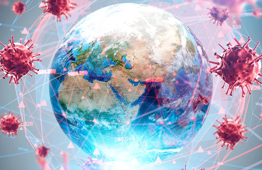 3D graphic of the globe surrounded by several connected red pathogen particles, all against a grey-blue background