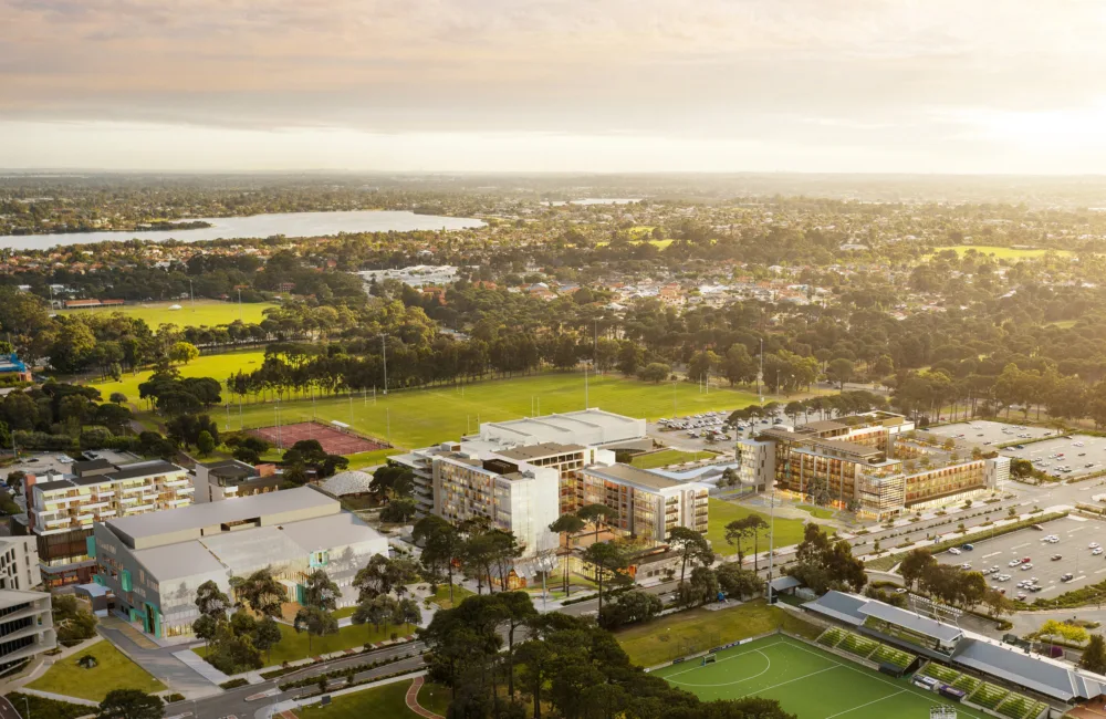 Aerial view, artist's impression of the completed, masterplanned redevelopment.
