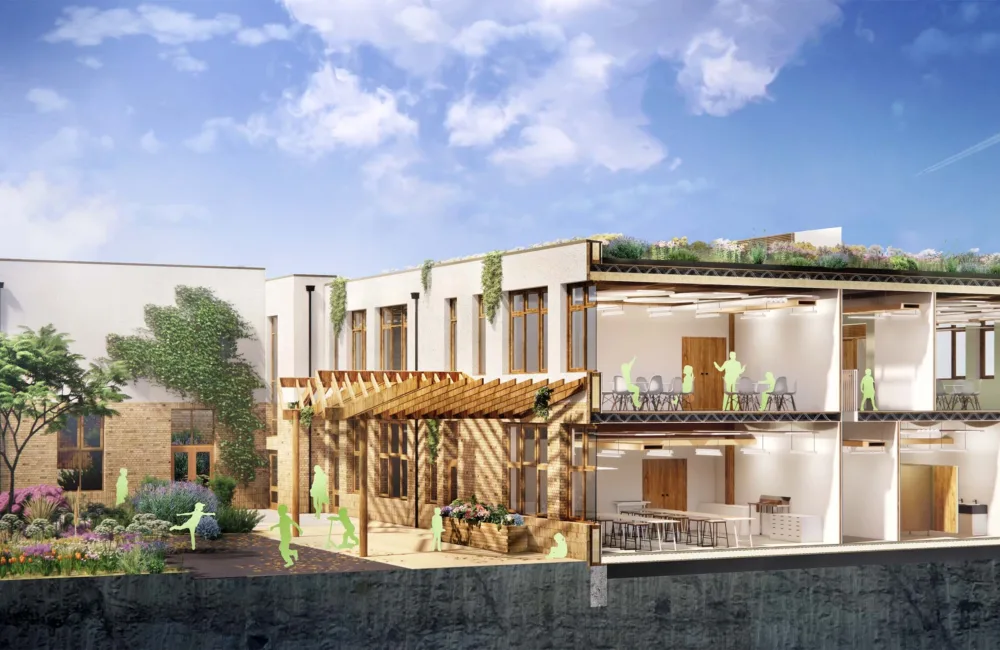 CGI of a cut through of a 2 story building with a wooden trellis with trees and plants surrounding