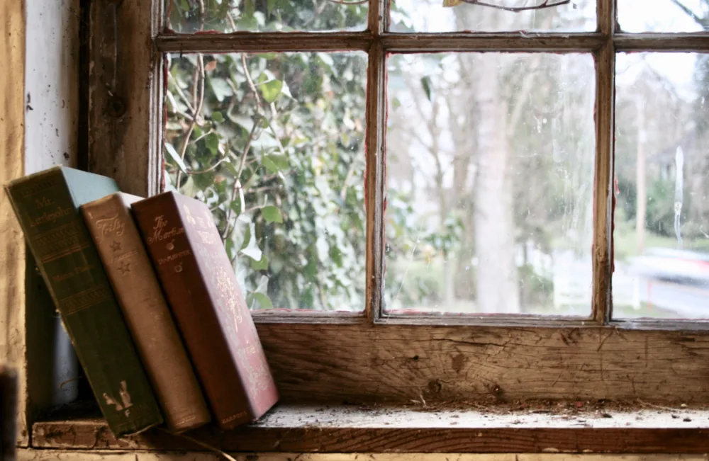 3 old books resting on a window ledge of an old wooden window