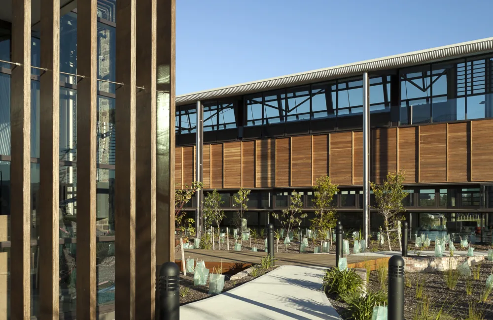 Exterior of the University of Wollongong Sustainable Buildings Research Centre (SBRC) against a blue sky