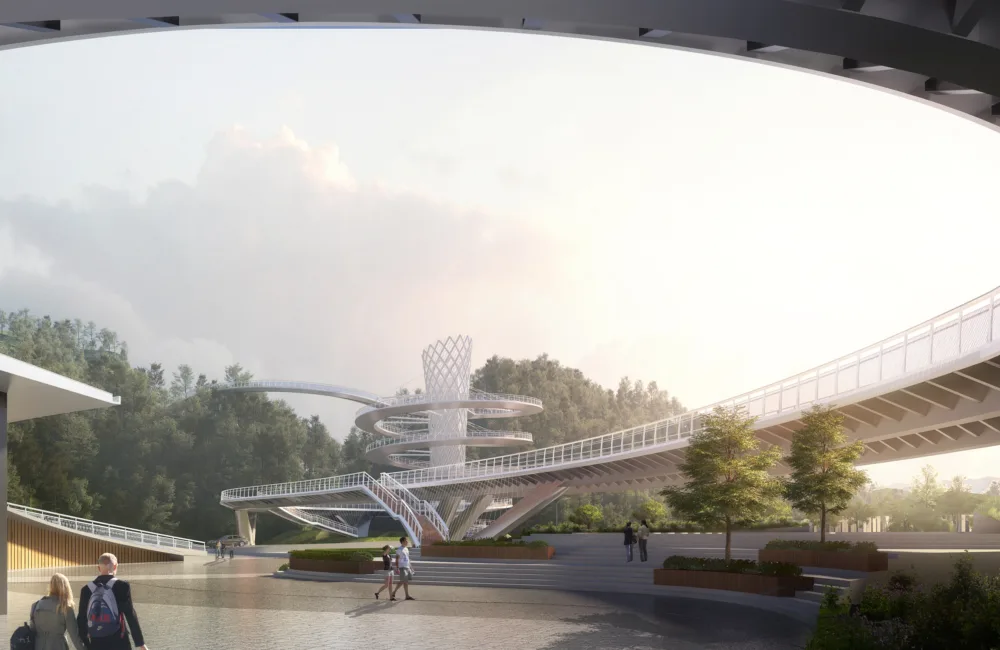 Rendered design of a curved large white bridge across a courtyard with pedestrians