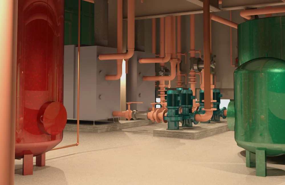 3D model of a service room including pipes and boiler tanks