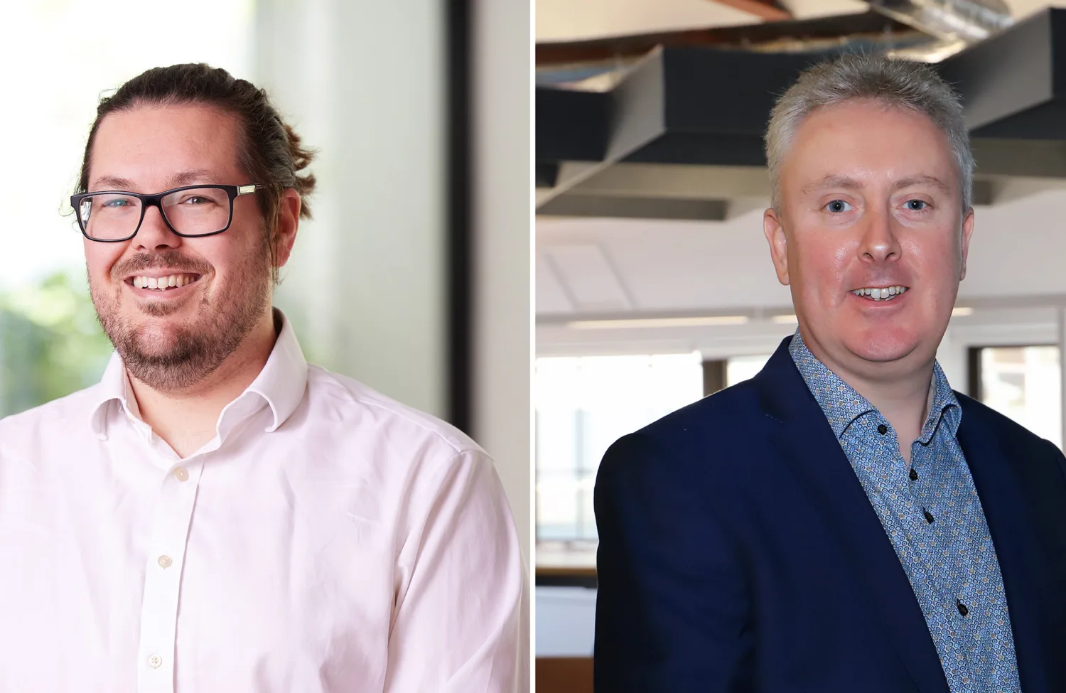 Side‑by‑side portraits of two people indoors; one wearing a light button-up shirt in a bright office setting, the other in a dark suit jacket with a patterned shirt in a modern workspace.
