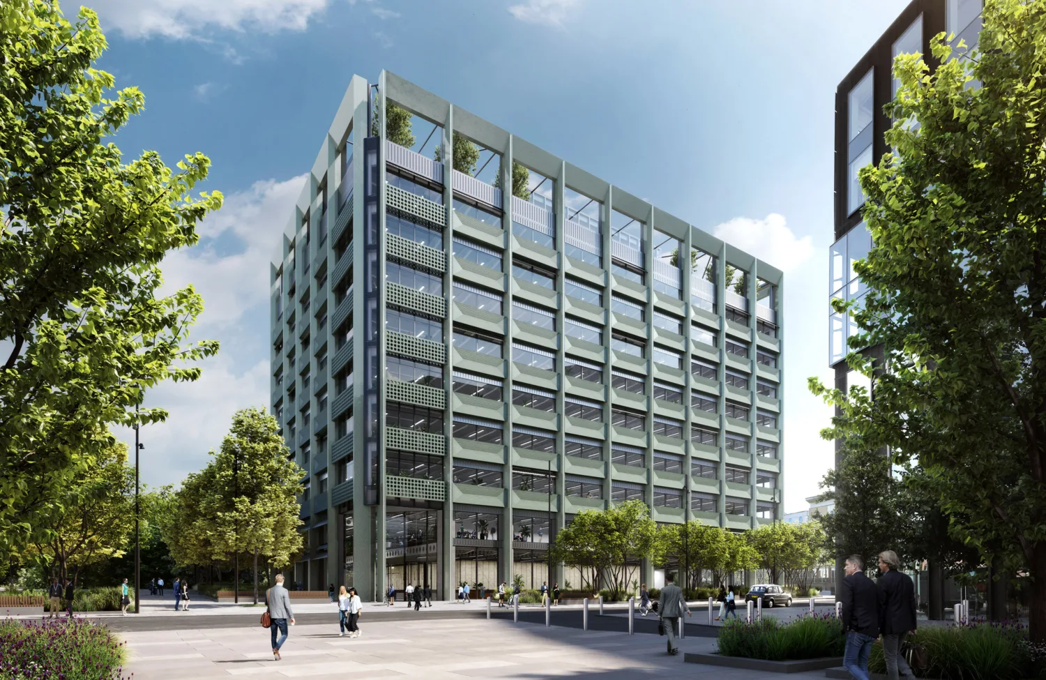 CGI of 9 storey building surrounded by trees and an open space