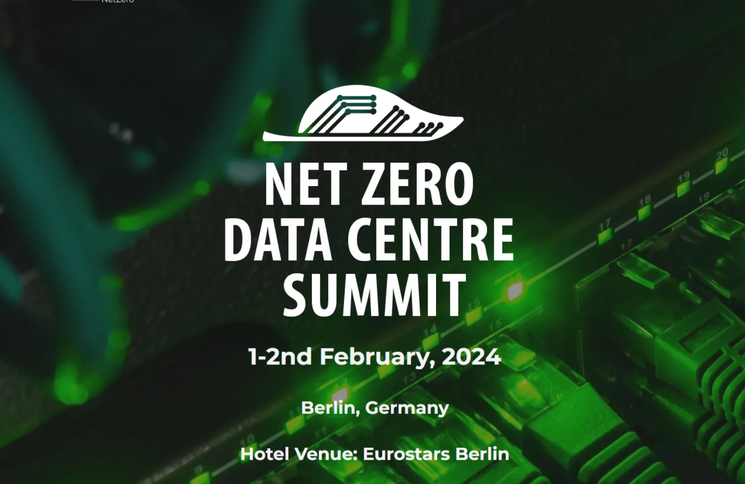 Close up of a data centre in the background, Net Zero Data Centre Summit logo central