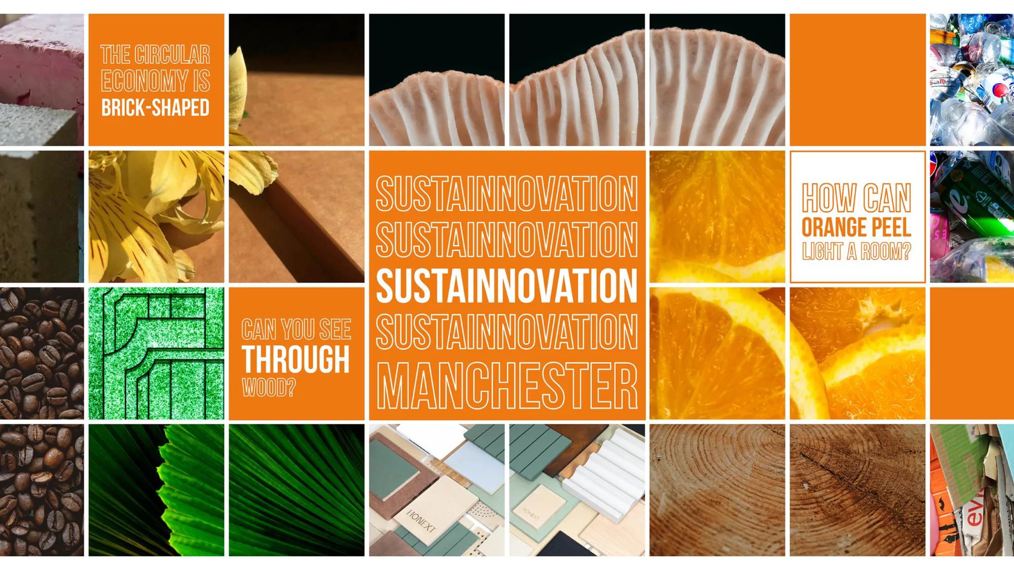 collage of product related image with typographic questions and the title 'Sustainnovation Manchester'