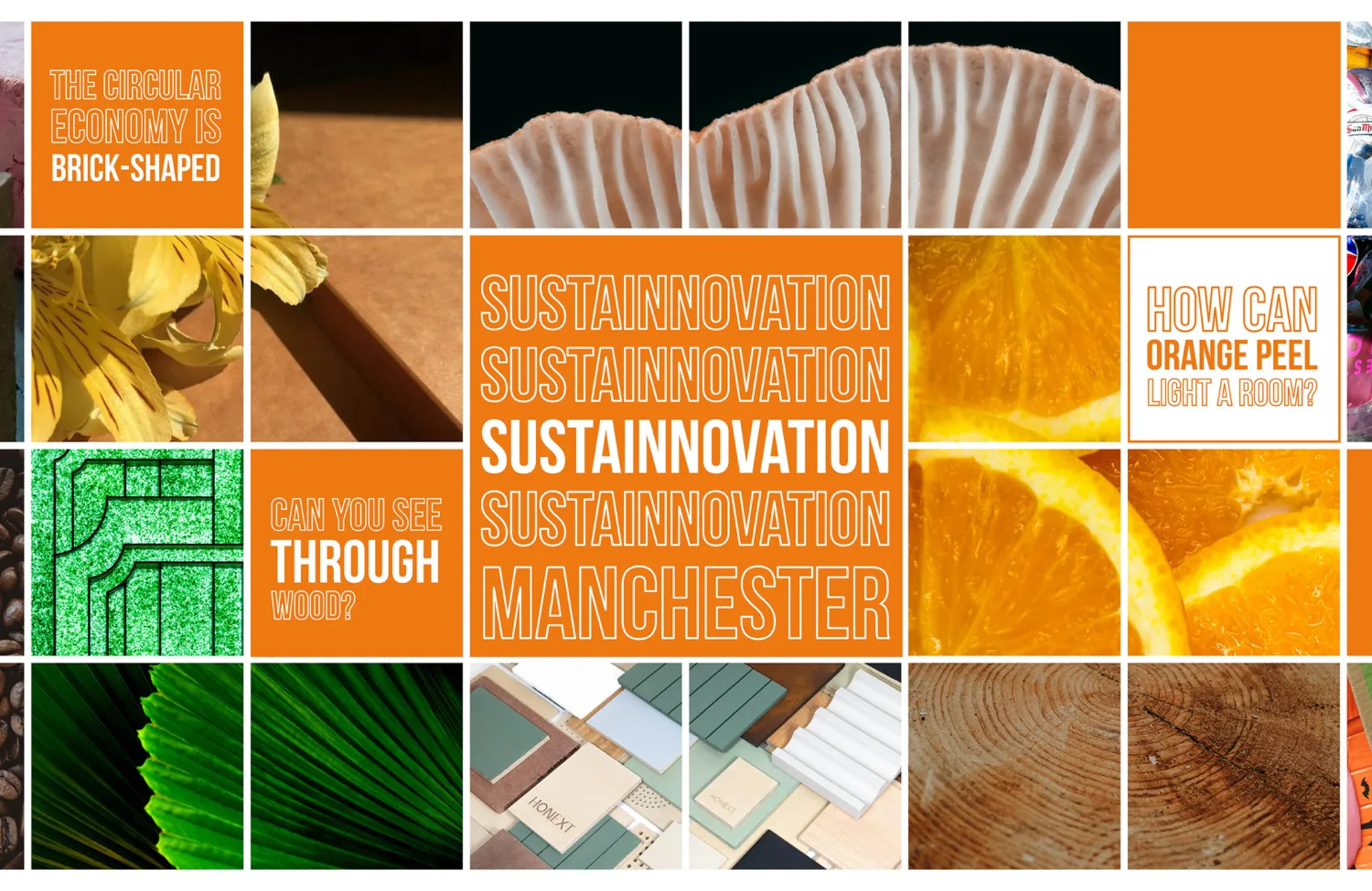 collage of product related image with typographic questions and the title 'Sustainnovation Manchester'