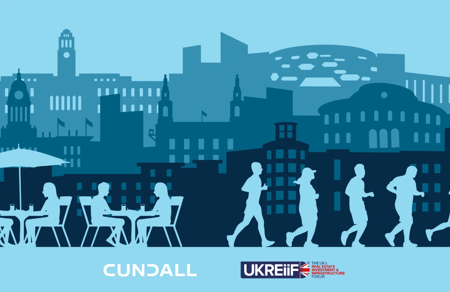 Layered blue illustration with people running and having drinks in the foreground and silhouettes of Leeds's most famous buildings in the background