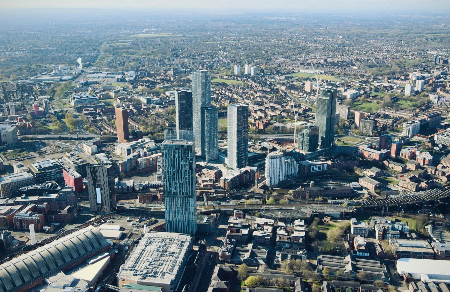 Aerial view of Manchester city buildings