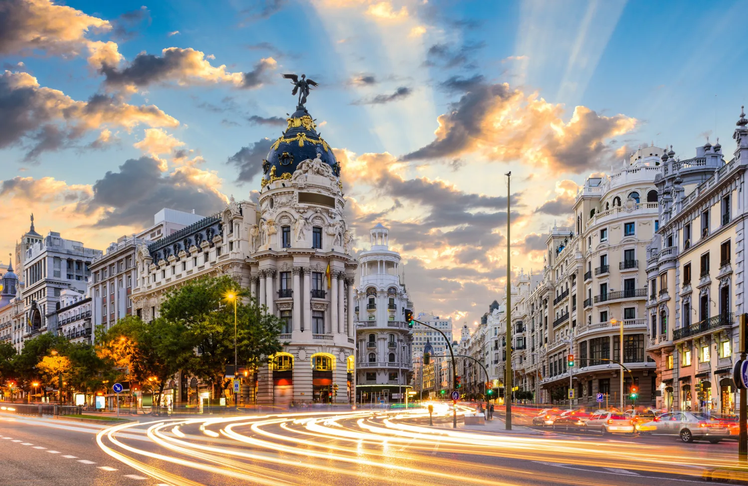 Madrid, Spain cityscape at Calle de Alcala and Gran Via.