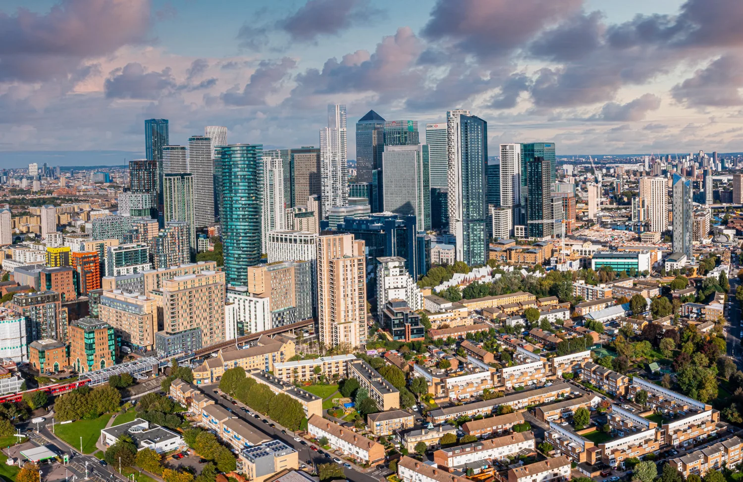 Drone view of the Docklands area of London on a cloudy day