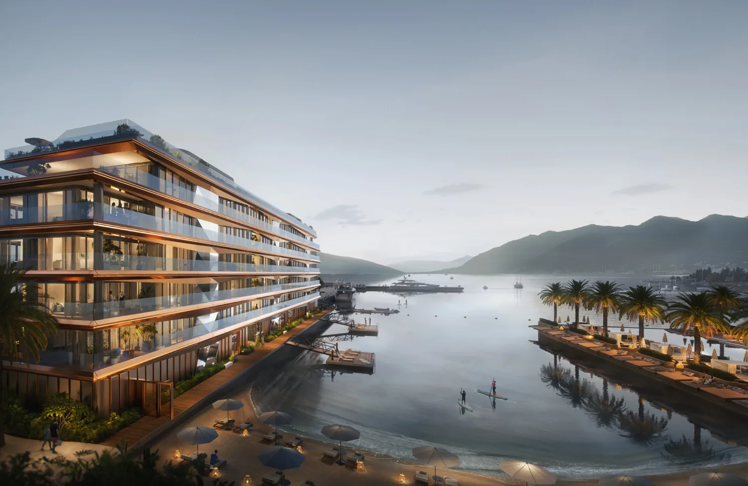 CGI image of resort, main building on water with paddle boarders in forground and mountains in background