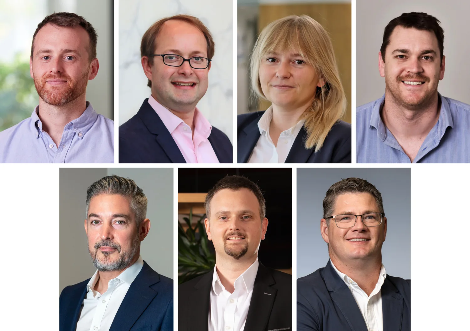 Collage of seven headshots showing individuals in business attire. Backgrounds include office settings and plain walls.