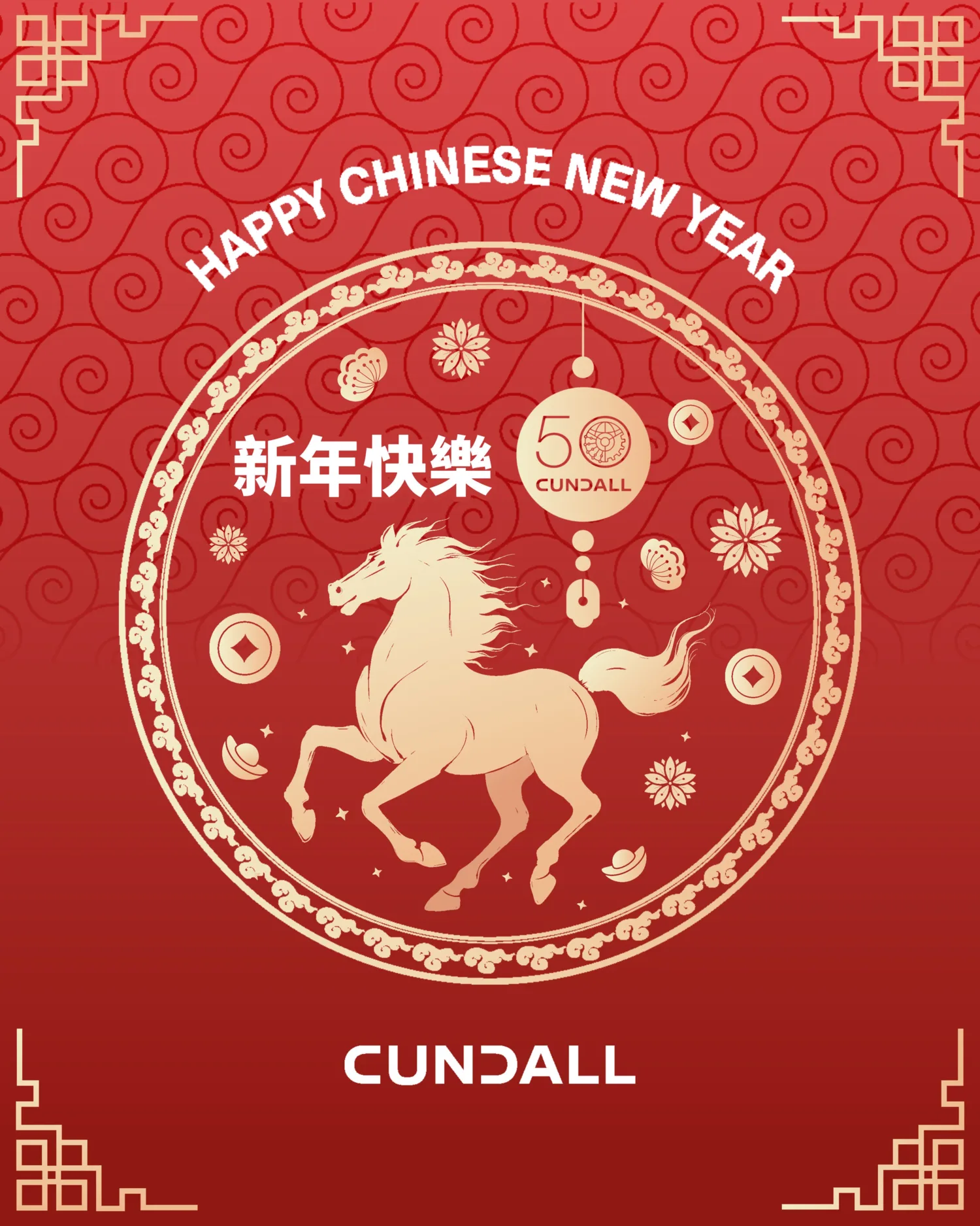 A red decorative graphic featuring a circular gold design with a horse at the center, surrounded by floral and geometric motifs.