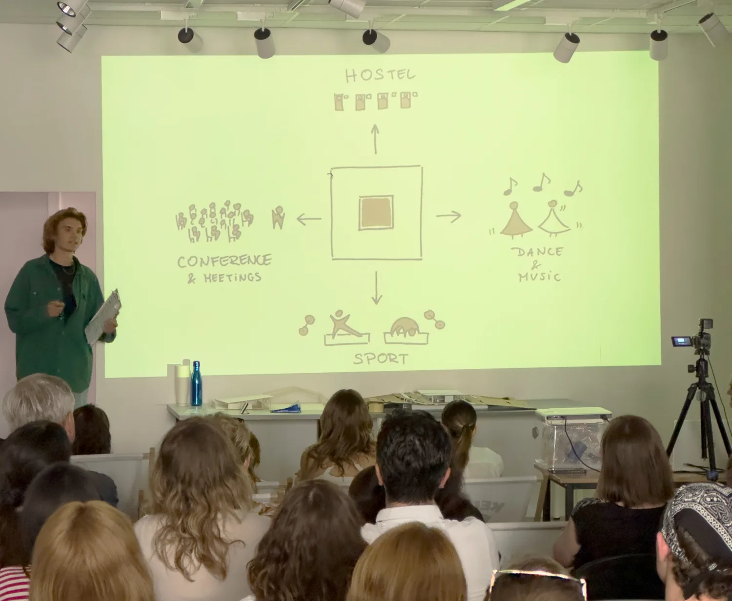 A student giving his presentation to the crowd.