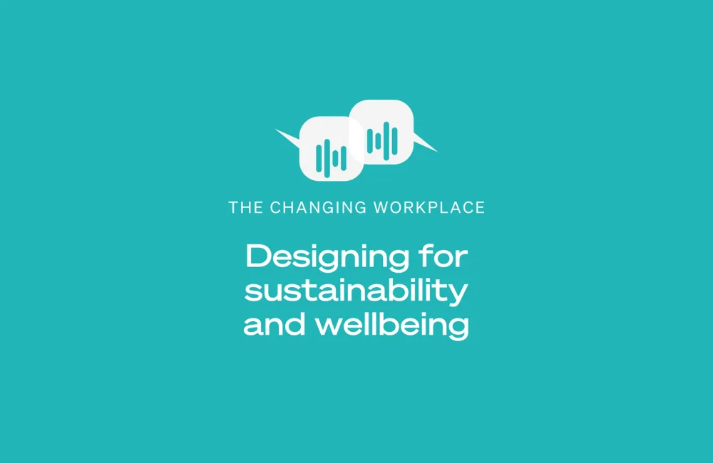 Banner background for Designing for sustainability and wellbeing episode of The Changing Workplace podcast in teal color.