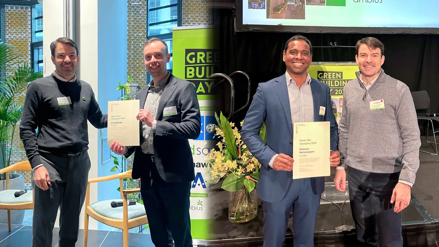 A photo collage of Jeff Oatman with Lewis Hewton holding a certificate, and Mathuran Marianayagam holding a certificate with Jeff Oatman.
