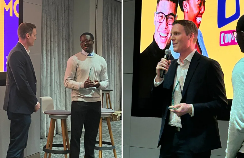 Split image of Robert receiving the award in front of a large screen