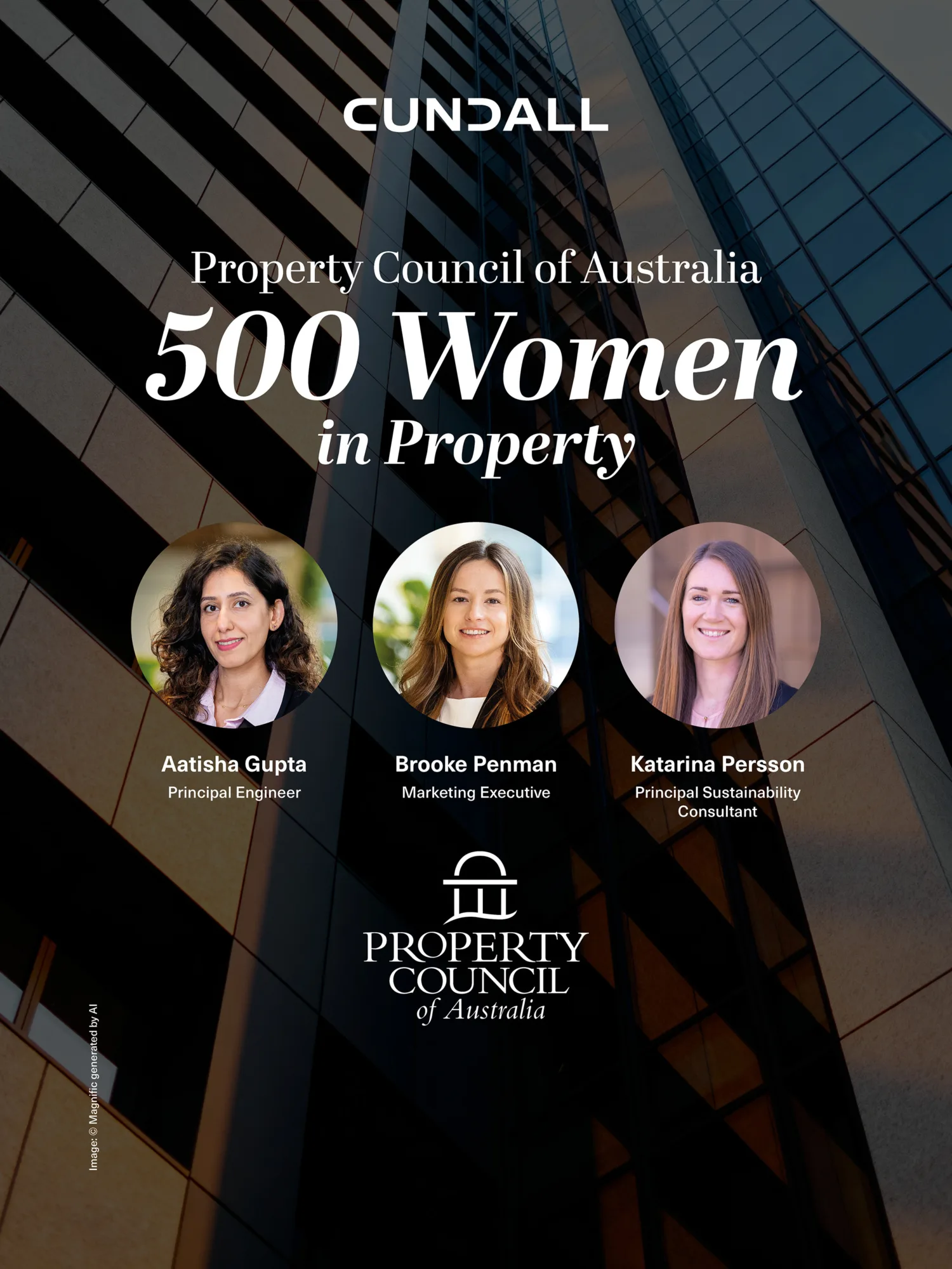 Poster with glass building facade background and text reading “Cundall” and “Property Council of Australia 500 Women in Property”, with three portrait headshots and names with job titles displayed, and Property Council logo at the bottom.